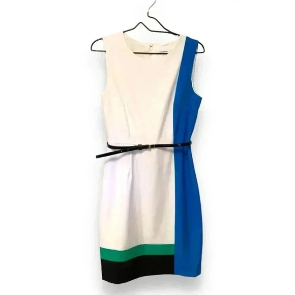 Calvin Klein Colorblock Size 8 Knee Length Black Leather Belted Casual Dress - Picture 2 of 16